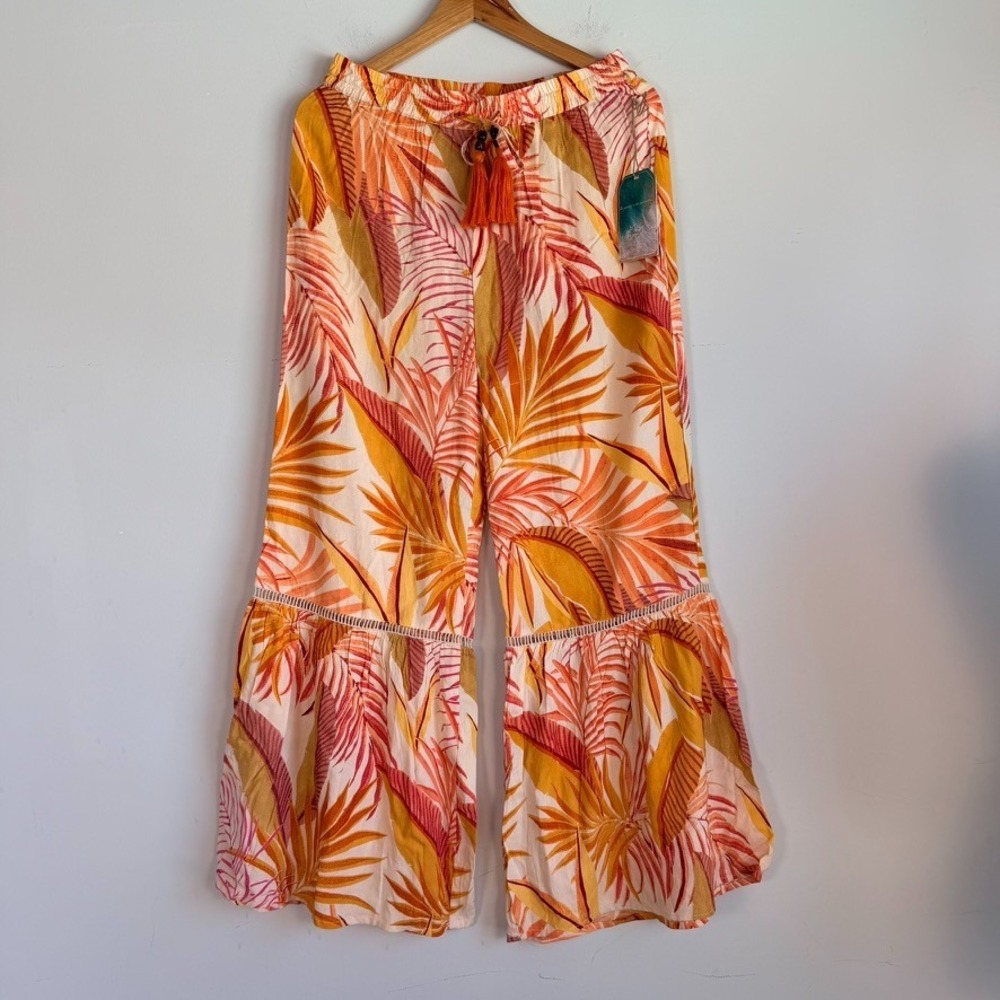 True Destinations Womens Tropical Palm Print Wide Leg Pants Medium Resort